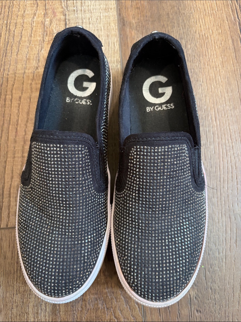 G by Guess Vintage Black Slip On Loafers with Silver Rhinestone Detailing